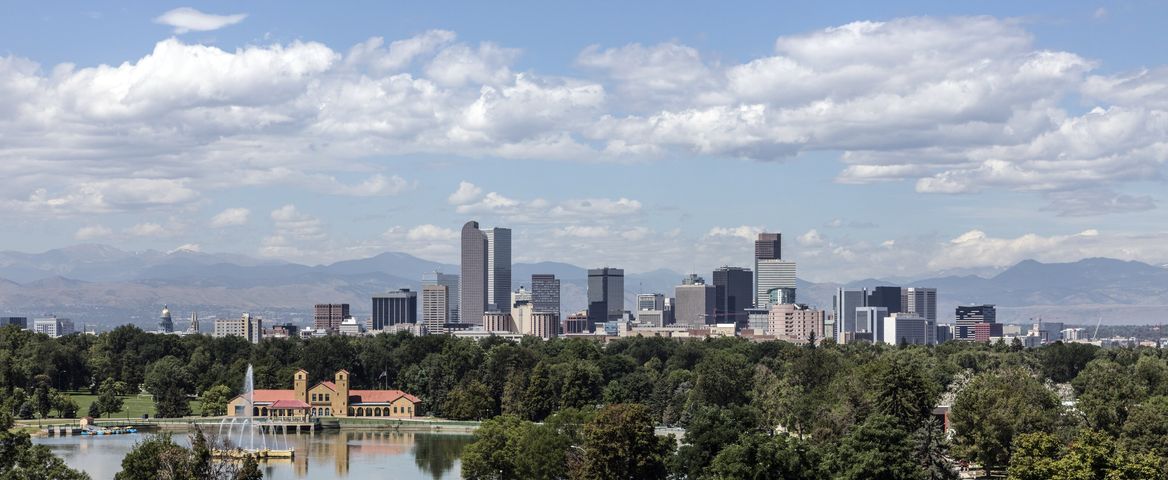 The Denver skyline across Ferril Lake in City Park